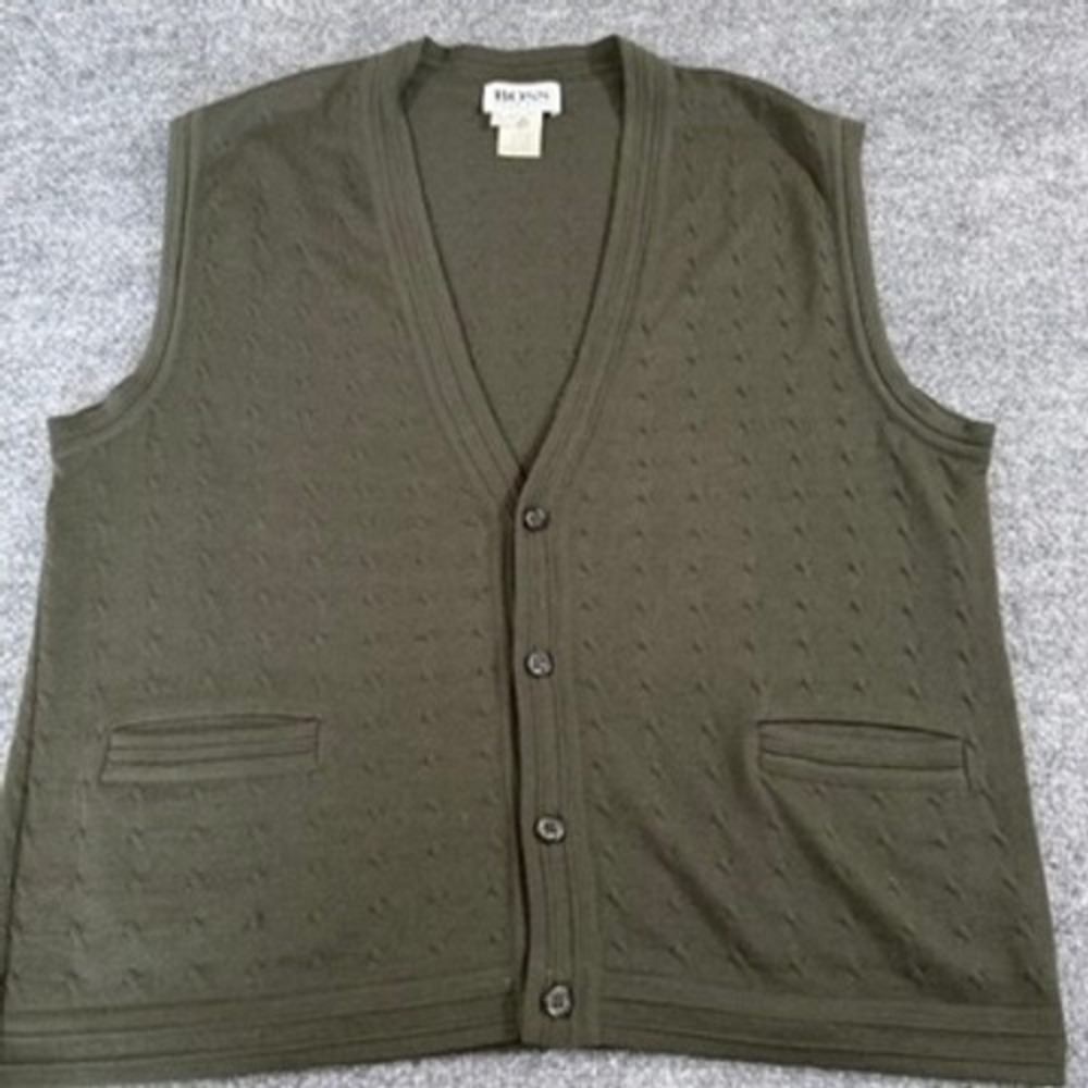 BOSS Hugo Boss Button-Front Sweater Vest Mens 42 Pure New Wool Green Vintage 90s